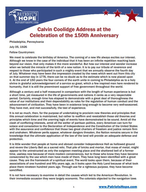 Calvin Coolidge on the 150th Anniversary of the Declaration of Independence