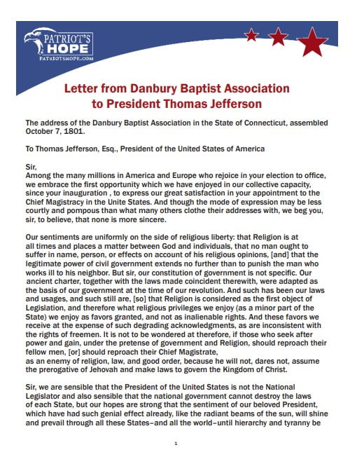 Letters Between Danbury Baptist and President Thomas Jefferson